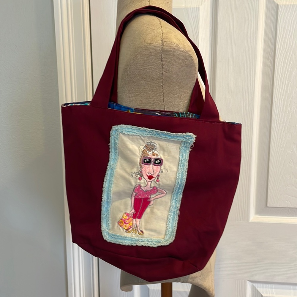 Reversible handbag burgundy red shopping tote sea life fish purse Shoulder bag
